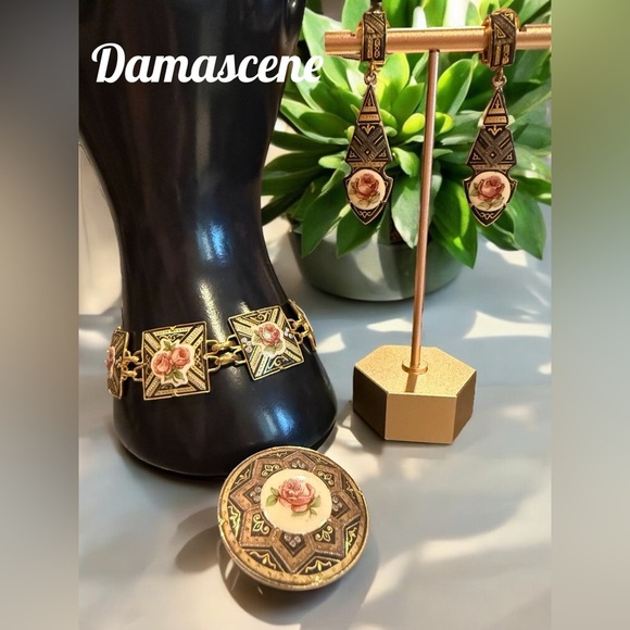 Damascene Vintage Set Gold & Black Bracelet, Earrings & Brooch w/ Floral Enamel - Picture 3 of 10